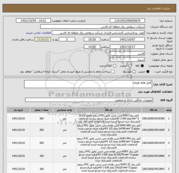 استعلام کابل های فرمان
