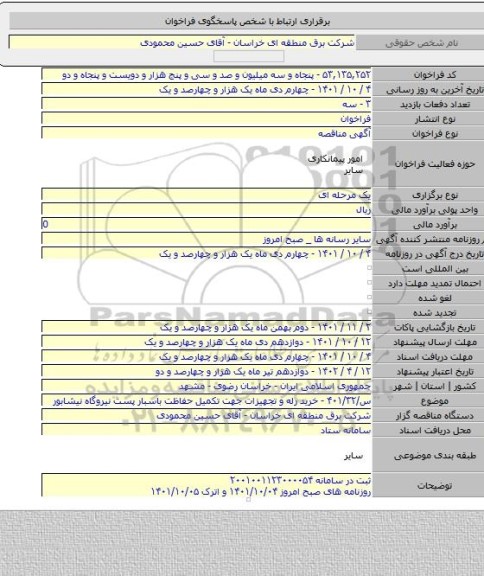 مناقصه, س/۴۰۱/۳۲ - خرید رله و تجهیزات جهت تکمیل حفاظت باسبار پست نیروگاه نیشابور