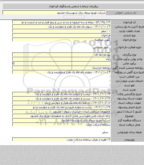 مناقصه, ارائه خدمات فنی مهندسی مالی اداری به متقضایان توزیع برق مشهد