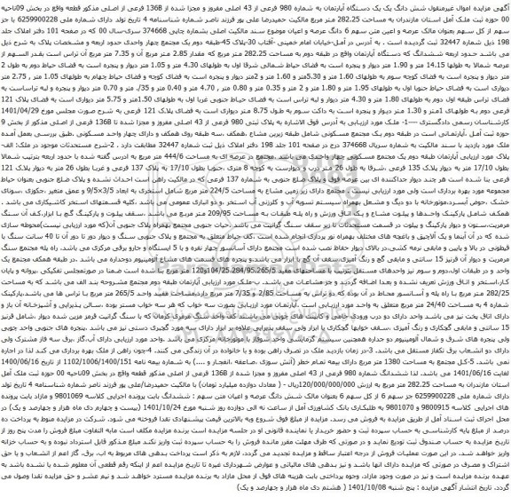 آگهی مزایده  شش دانگ یک یک دستگاه آپارتمان به شماره 980 فرعی از 43 اصلی مفروز و مجزا شده از 136B فرعی از اصلی