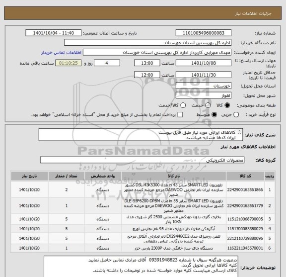 استعلام کالاهای ایرانی مورد نیاز طبق فایل پیوست
ایران کدها مشابه میباشند
هزینه های بارگیری و حمل و تخلیه به عهده تامیین کنده میباشد