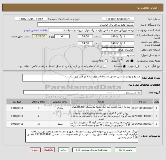 استعلام ضد یخ و روغن نینانس مطابق مشخصات درج شده در فایل پیوست