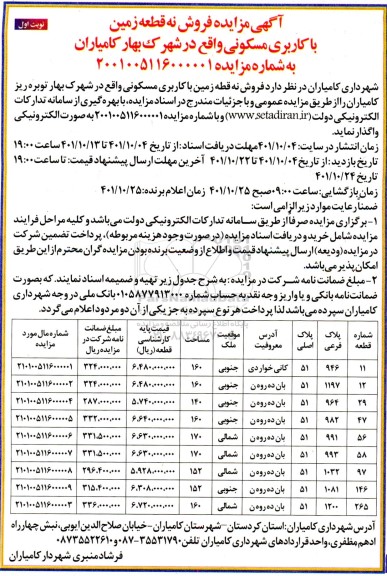 مزایده فروش نه قطعه زمین با کاربری مسکونی