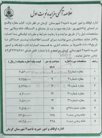مزایده واگذاری 6 باب مغازه