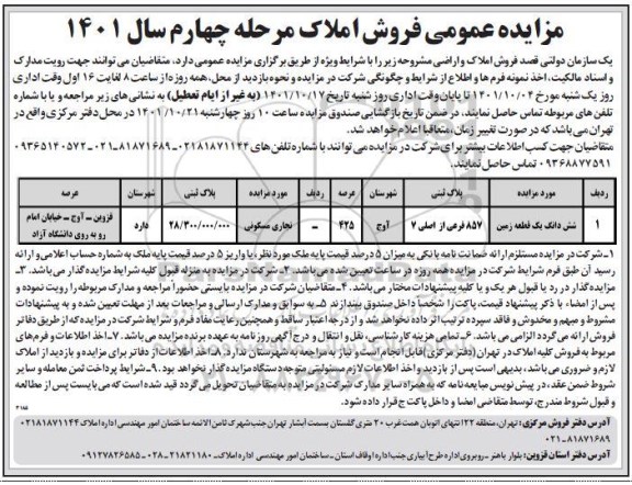 مزایده فروش املاک 425 مترمربع مرحله چهارم