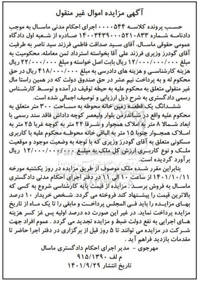 مزایده ششدانگ یک قطعه زمین به مساحت 300 متر