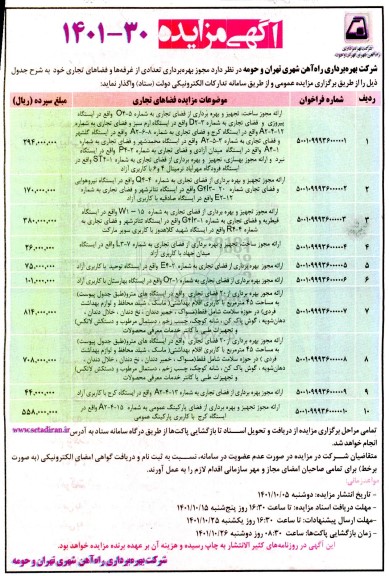 مناقصه ،مزایده ارائه مجوز ساخت، تجهیز و بهره برداری از فضای تجاری 