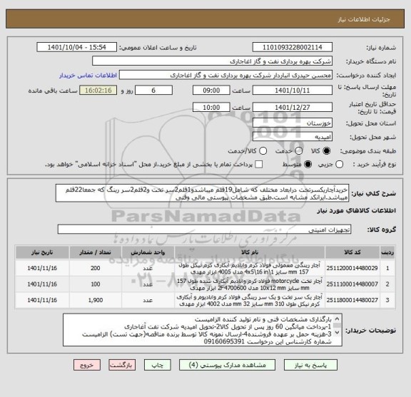 استعلام خریدآچاریکسرتخت درابعاد مختلف که شامل19قلم میباشدو1قلم2سر تخت و2قلم2سر رینگ که جمعا22قلم میباشد.ایرانکد مشابه است.طبق مشخصات پیوستی مالی وفنی