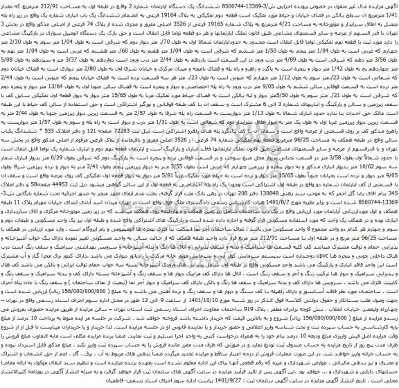 آگهی مزایده ششدانگ یک دستگاه اپارتمان شماره 2 واقع در طبقه اول به مساحت 212/91 مترمربع که مقدار 1/41 مترمربع
