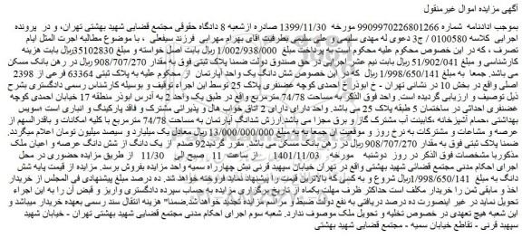 مزایده فروش شش دانگ یک واحد آپارتمان