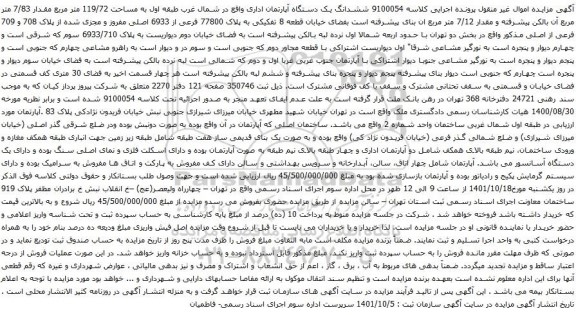 مزایده فروش ششدانگ یک دستگاه آپارتمان اداری واقع در شمال غرب طبقه اول