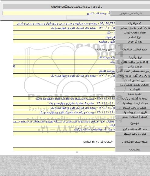 مناقصه, عملیات اجرا اصلاح و بازسازی قسمتی از شبکه توزیع و انشعابات در سطح شهر اراک