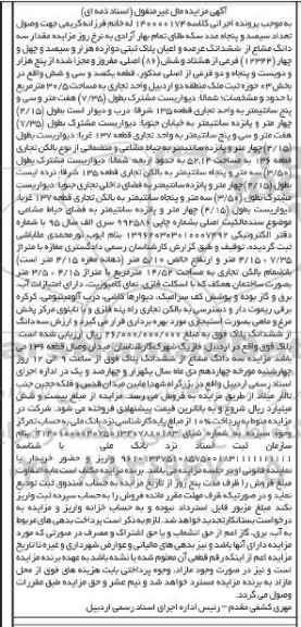 مزایده سه دانگ مشاع از ششدانگ عرصه و اعیان پلاک ثبتی دوازده هزار و سیصد و چهل و چهار (12344)