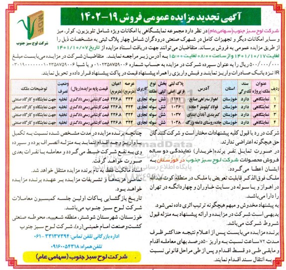 تجدید مزایده فروش مجموعه نمایشگاهی با امکانات تلویزیون ، کولر