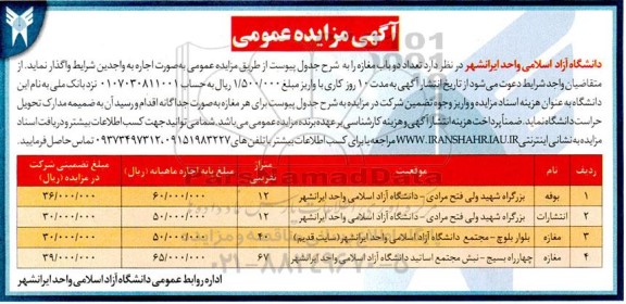مزایده واگذاری بوفه، انتشارات، مغازه 