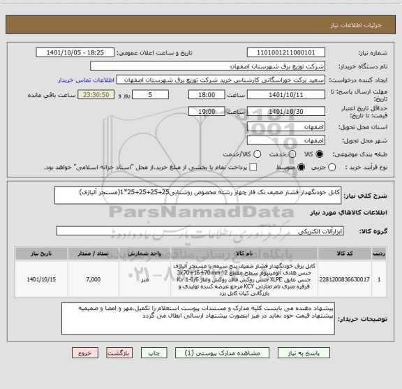 استعلام کابل خودنگهدار فشار ضعیف تک فاز چهار رشته مخصوص روشنایی25+25+25+25*1(مسنجر آلیاژی)