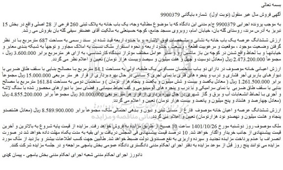 مزایده فروش ششدانگ عرصه یک باب خانه  