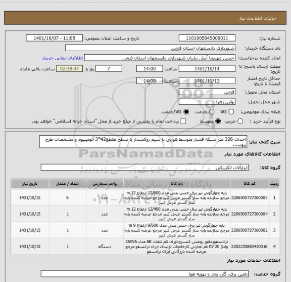 استعلام احداث 326 متر شبکه فشار متوسط هوایی با سیم روکشدار با سطح مقطع42*3 آلومینیوم و مشخصات طرح پیوست