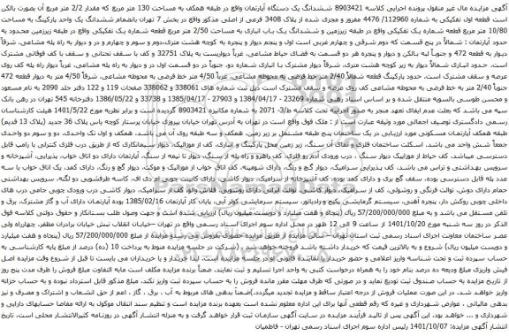 آگهی مزایده ششدانگ یک دستگاه آپارتمان واقع در طبقه همکف به مساحت 130 متر مربع که مقدار 2/2 متر مربع