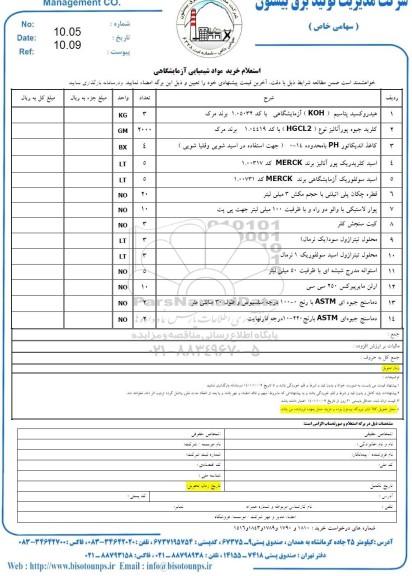 استعلام خرید مواد آزمایشگاهی
