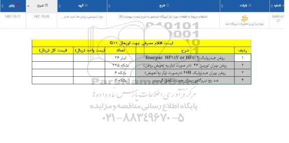 استعلام روغن هیدرولیک ENERPAC HF95Y OR HF101  ...