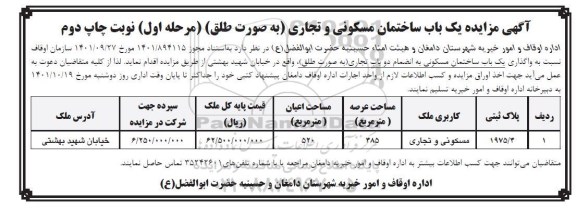 مزایده واگذاری یک باب ساختمان... نوبت دوم 