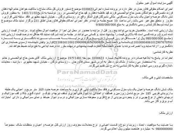 مزایده فروش ملک شش دانگ عرصه واعیان یک باب منزل مسکونی 