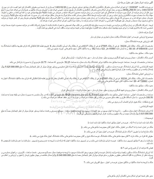 مزایده فروش عرصه و اعیان ششدانگ یکباب مغازه تجاری در میدان تره بار