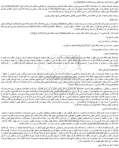 مزایده شش دانگ ملک بشماره سند مالکیت150966 تحت پلاک ثبتی1355.617 الی1359