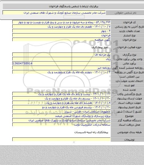 مناقصه, پروژه زیرسازی و روسازی شهرک صنعتی میمند