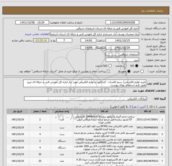 استعلام خرید لوازم الکتریکی( سیم افشان - کنتاکتور) و لوازم الکتریکی مورد نیاز اداره کل آموزش فنی و حرفه ای تبریز طبق فرم استعلام بهای پیوست