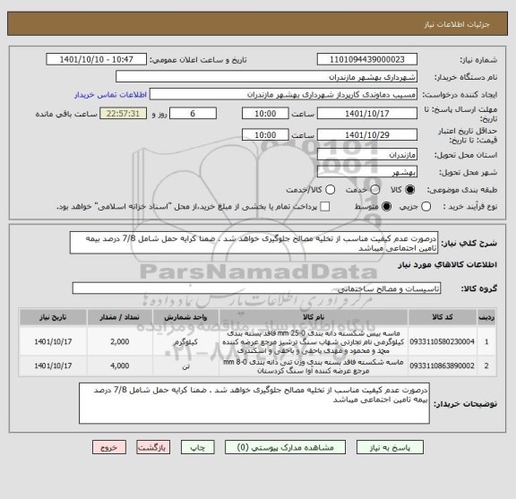استعلام درصورت عدم کیفیت مناسب از تخلیه مصالح جلوگیری خواهد شد . ضمنا کرایه حمل شامل 7/8 درصد بیمه تامین اجتماعی میباشد