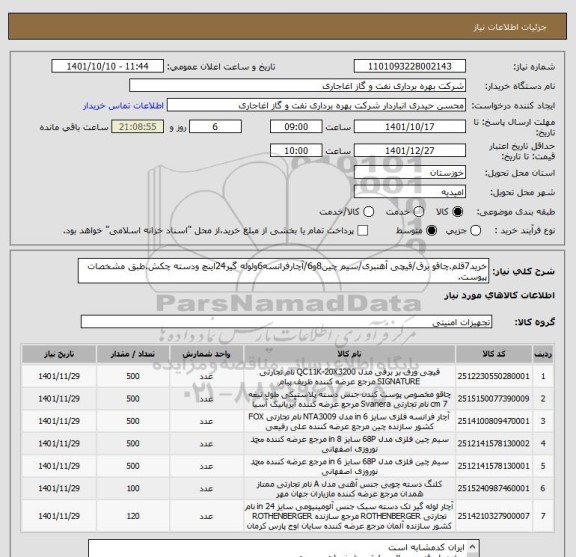 استعلام خرید7قلم.چاقو برق/قیچی آهنبری/سیم چین8و6/آچارفرانسه6ولوله گیر24اینچ ودسته چکش.طبق مشخصات پیوست.