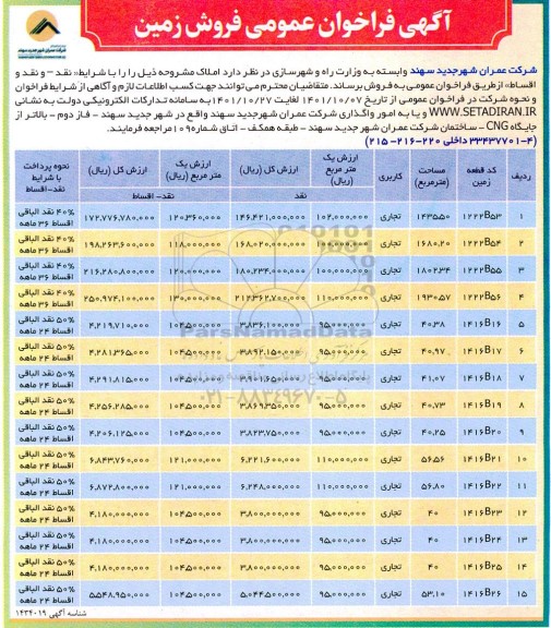 فراخوان فروش زمین با کاربری تجاری