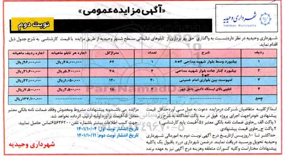 مزایده واگذاری حق بهره برداری از تابلوهای تبلیغاتی سطح شهر