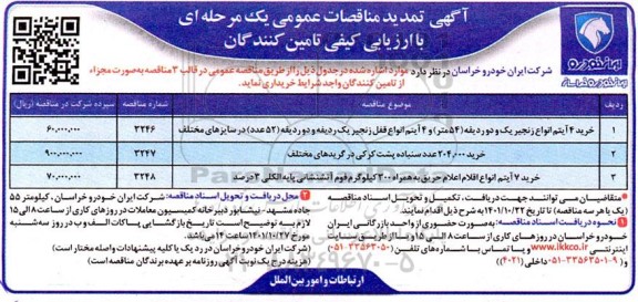 تمدید مناقصه خرید 4 آیتم انواع زنجیر یک و دو ردیفه ....