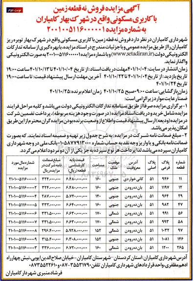 مزایده فروش 9 قطعه زمین با کاربری مسکونی - نوبت دوم
