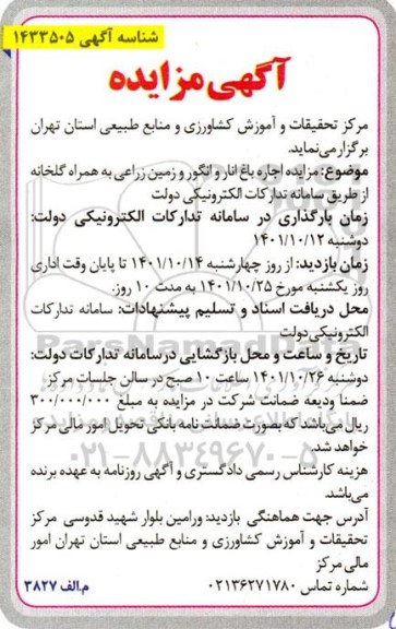 مزایده اجاره باغ انار و انگور و زمین زراعی به همراه گلخانه
