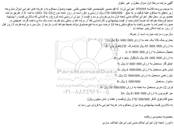 مزایده فروش بخاری نیک کالا یک عدد و...