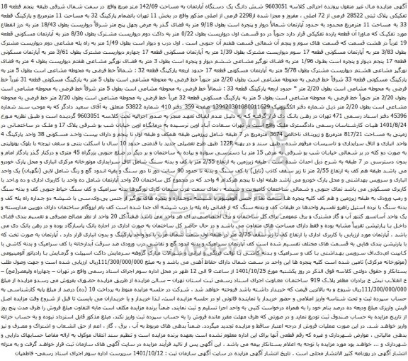 آگهی مزایده شش دانگ یک دستگاه آپارتمان به مساحت 142/69 متر مربع واقع در سمت شمال شرقی طبقه پنجم قطعه 18 تفکیکی پلاک ثبتی 28522 فرعی از 72 اصلی