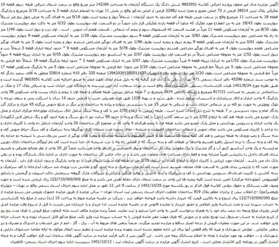 آگهی مزایده شش دانگ یک دستگاه آپارتمان به مساحت 142/69 متر مربع واقع در سمت شمال شرقی طبقه سوم قطعه 10 تفکیکی پلاک ثبتی 28514 فرعی از 72 اصلی