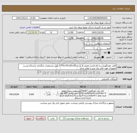 استعلام کابل خودنگهدار سه فاز فشار ضعیف 6 رشته 25+25+70+70*3 طبق مشخصات بارگذاری شده{از لیست تجهیزات مورد تائید برق تبریز یا توانیر باشد