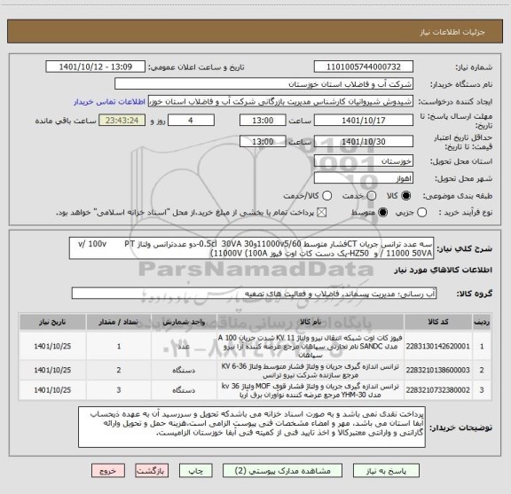 استعلام سه عدد ترانس جریان CTفشار متوسط 11000v5/60و30 0.5cl  30VA-دو عددترانس ولتاژ v/ 100v       PT   / 11000 50VA و  HZ50-یک دست کات اوت فیوز 11000V (100A)
