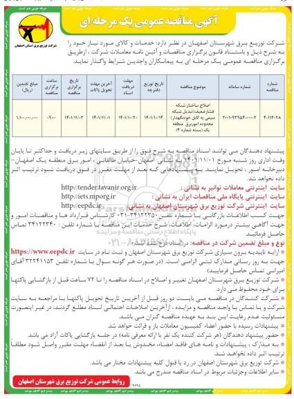 مناقصه اصلاح ساختار شبکه فشار ضعیف تبدیل شبکه سیمی به کابل خودنگهدار
