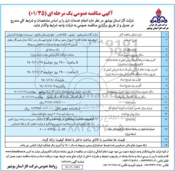 مناقصه اجرای خط تغذیه فلزی 6 اینچ از محور 