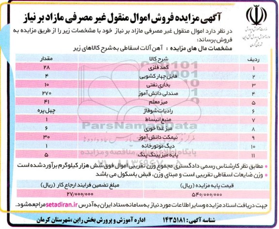 مزایده فروش اموال منقول غیر مصرفی مازاد بر نیاز 