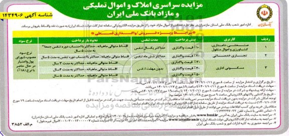 مزایده فروش املاک و اموال تملیکی با کاربری صنعتی - دامداری کشاورزی و اموال منقول - تجاری خدماتی - مسکونی اداری