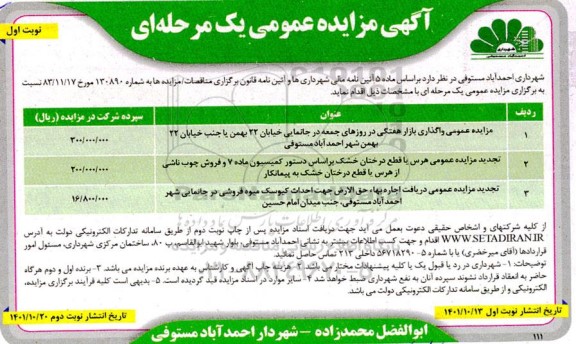 مزایده عمومی واگذاری بازار هفتگی و...