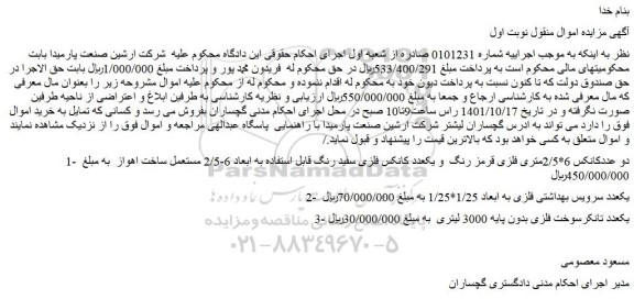 مزایده فروش دو عددکانکس 6*2/5متری فلزی قرمز رنگ و یکعدد کانکس فلزی سفید رنگ و...