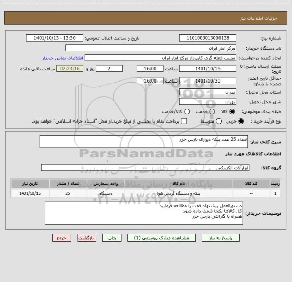 استعلام تعداد 25 عدد پنکه دیواری پارس خزر
